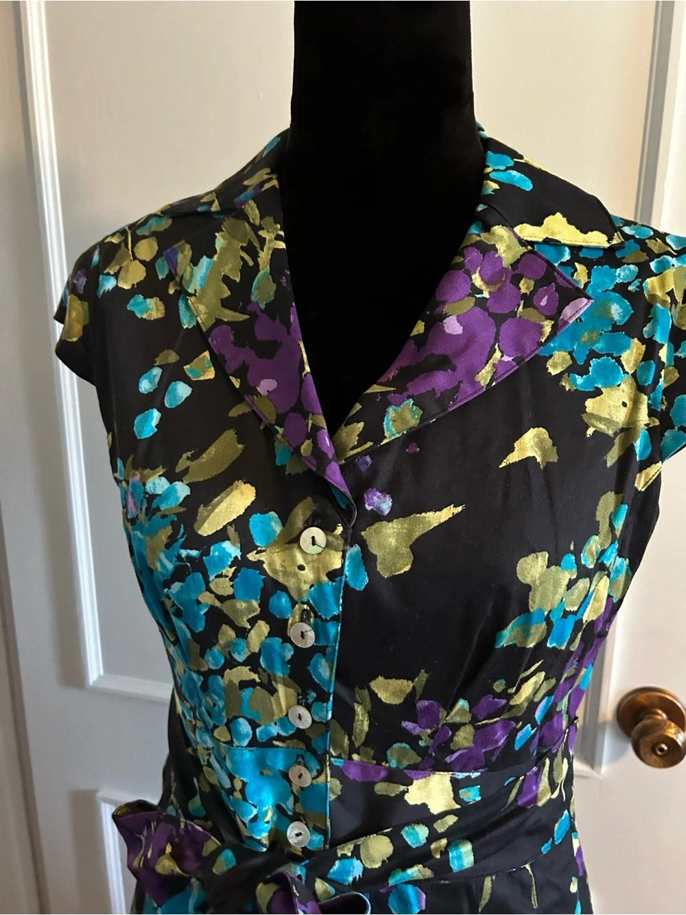 Black Floral Tie-Waist Shirt Dress with Teal and Purple Accents